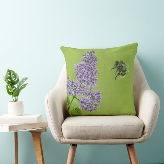 Green pillow with lilac and bumblebee クッション (椅子)
