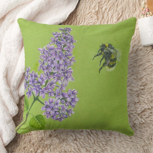 Green pillow with lilac and bumblebee クッション (ブランケット)