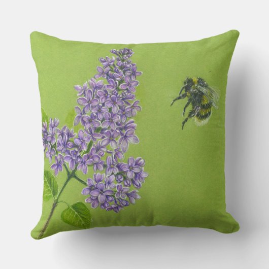 Green pillow with lilac and bumblebee クッション (裏面)