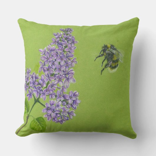 Green pillow with lilac and bumblebee クッション (正面)