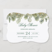 Green pine branch baby shower 招待状 (正面)