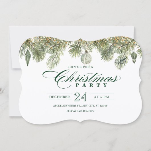 Green pine branch with christmas party ornaments 招待状 (正面)
