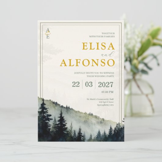 Green Pine Classic Watercolor Monogram Wedding 招待状 (スタンド正面)