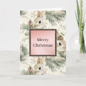 Green Pine Cones Bunny Rabbits Christmas カード (正面)