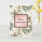 Green Pine Cones Bunny Rabbits Christmas カード (黄色い花)