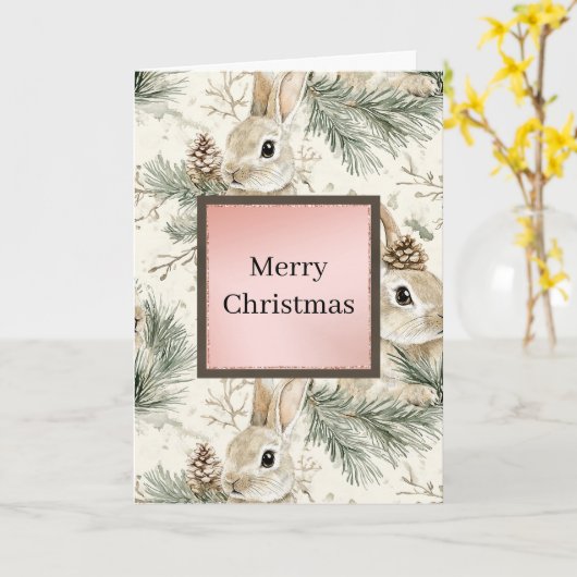 Green Pine Cones Bunny Rabbits Christmas カード (黄色い花)