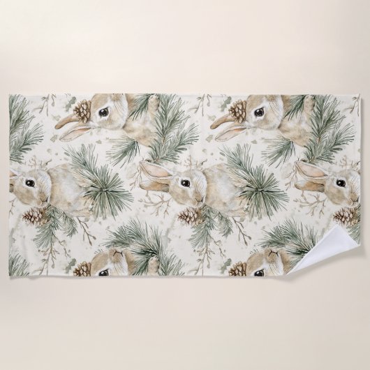 Green Pine Cones Bunny Rabbits Christmas ビーチタオル (正面)