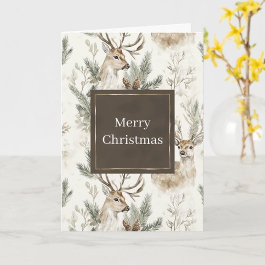 Green Pine Cones Deer Christmas カード (黄色い花)