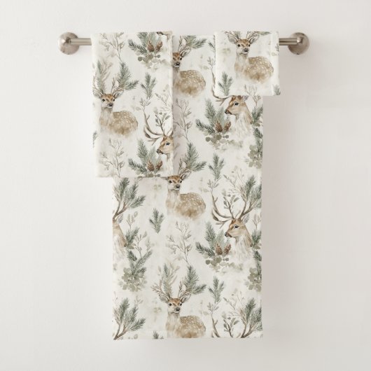 Green Pine Cones Deer Christmas バスタオルセット (インサイチュ)