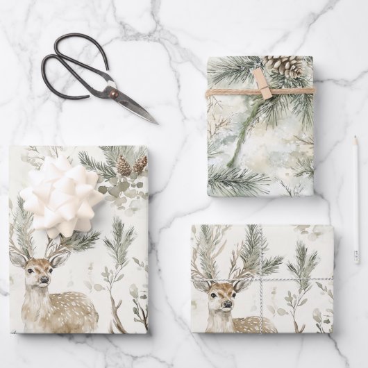 Green Pine Cones Deer Christmas ラッピングペーパーシート (正面)