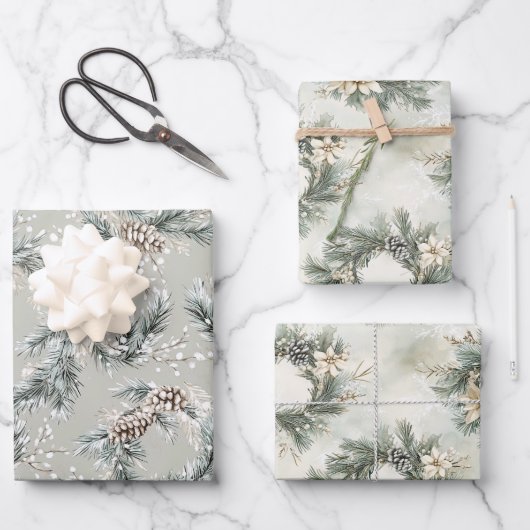 Green Pine Cones Wreaths Christmas ラッピングペーパーシート (正面)
