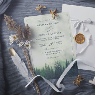Green Pine Forest Rustic Budget QR Code Wedding 招待状