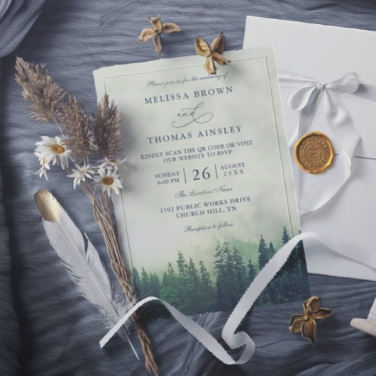 Green Pine Forest Rustic Budget QR Code Wedding 招待状