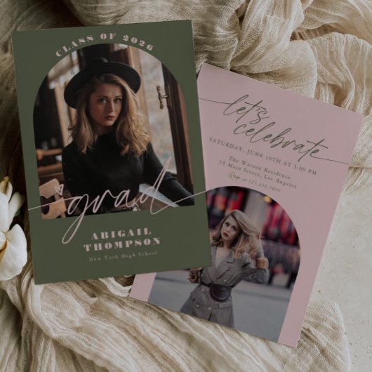 Green & Pink Arch Photo Script Graduation 招待状