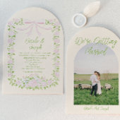Green Pink Bow Floral Summer Arched Photo Wedding 招待状