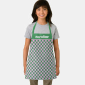  Green Pink Checkered Retro Personalized Name エプロン (インサイチュ)