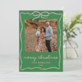 Green & Pink Coquette Bow Christmas 4 Photo Family シーズンカード (スタンド正面)