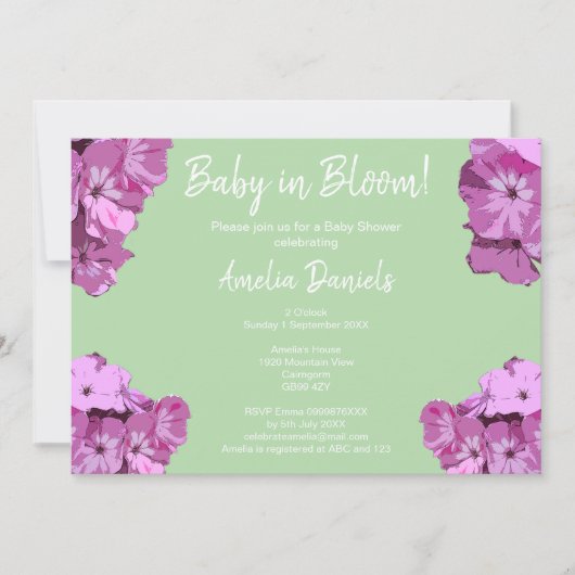 Green & Pink Floral Baby Shower Invitation 招待状 (正面)
