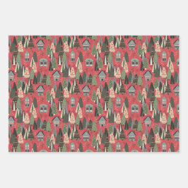 Green Pink Grey Christmas Forest Village ラッピングペーパーシート