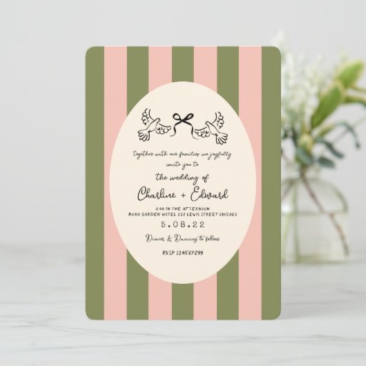 Green Pink Hand drawn Striped Wedding  招待状 (スタンド正面)