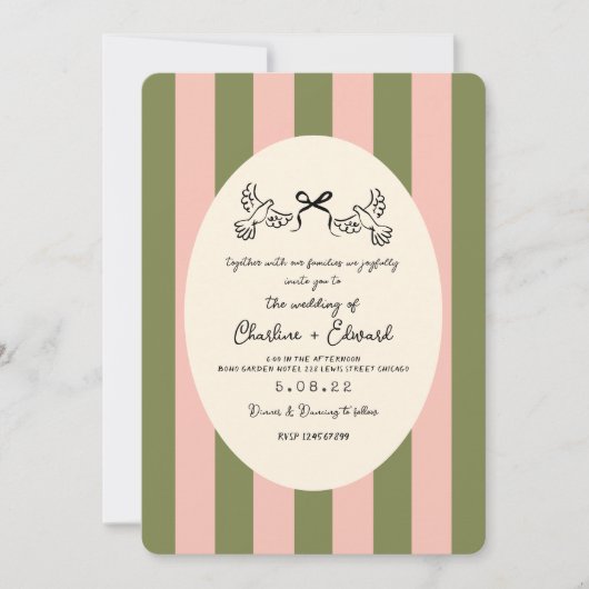 Green Pink Hand drawn Striped Wedding  招待状 (正面)