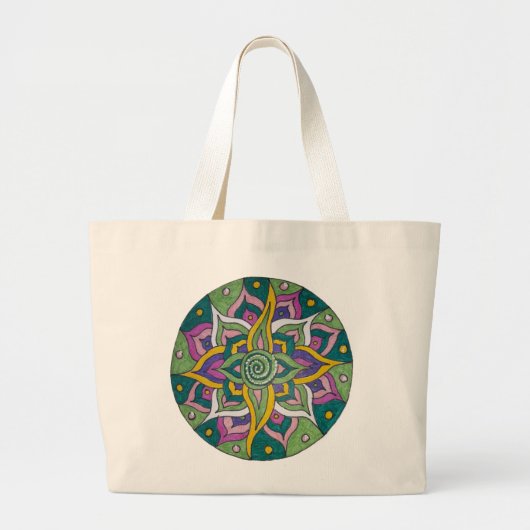 Green/Pink Lotus Mandala Tote Bag ラージトートバッグ (正面)