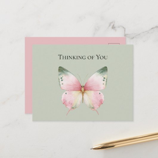 Green Pink Mint Butterfly Thinking of You ポストカード (正面/裏面インサイチュ)
