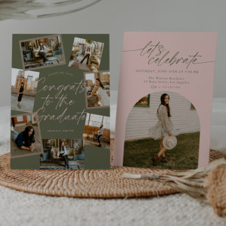 Green & Pink Photo Collage Graduation 招待状