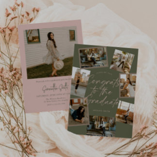 Green & Pink Photo Collage Graduation 招待状