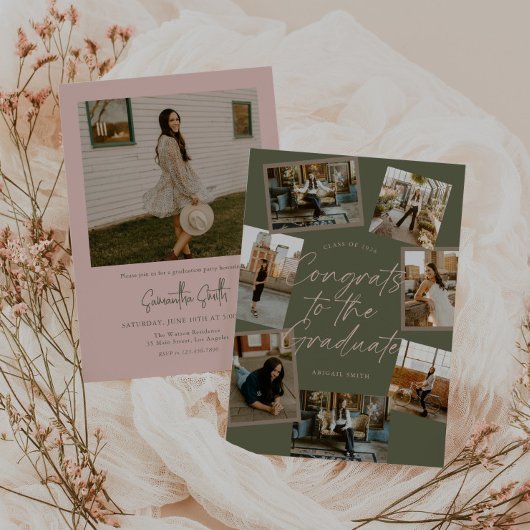 Green & Pink Photo Collage Graduation 招待状