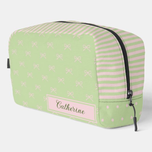 Green Pink Stripe Bow Pattern Coquette Cosmetic ドップキット (右コーナー)