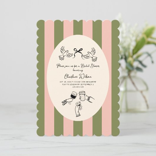 Green Pink Striped Cute illustrated Bridal Shower 招待状