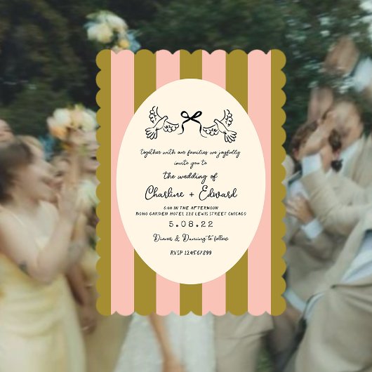 Green pink Striped Whimsical Wedding 招待状