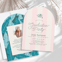 Green & Pink Stripes Palms Graduation Party Photo 招待状