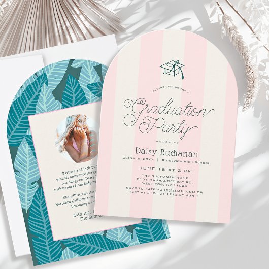 Green & Pink Stripes Palms Graduation Party Photo 招待状