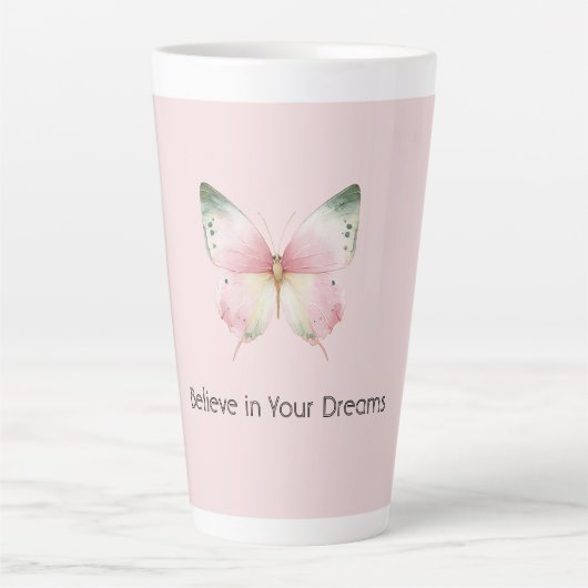 Green Pink White Mint Butterfly カフェラテマグ (正面)