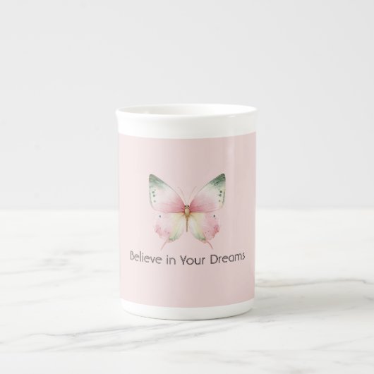 Green Pink White Mint Butterfly ボーンチャイナマグカップ (正面)