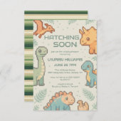 Green Pixelated Dinosaur Baby Shower party boy 招待状 (正面/裏面)