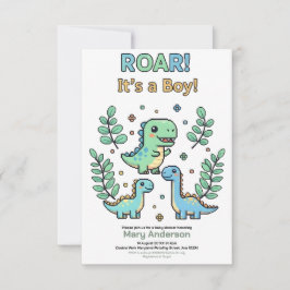 Green Pixelated Dinosaur Baby Shower party boy 招待状