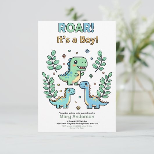 Green Pixelated Dinosaur Baby Shower party boy 招待状 (スタンド正面)