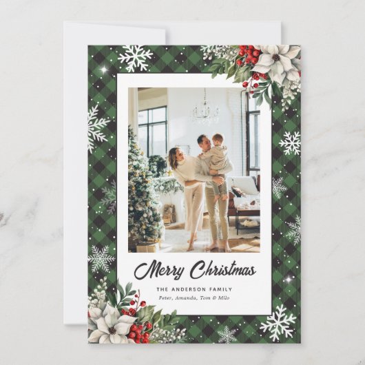 Green Plaid Botanical Photo Christmas Card シーズンカード (正面)