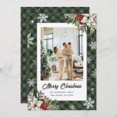 Green Plaid Botanical Photo Christmas Card シーズンカード (正面/裏面)
