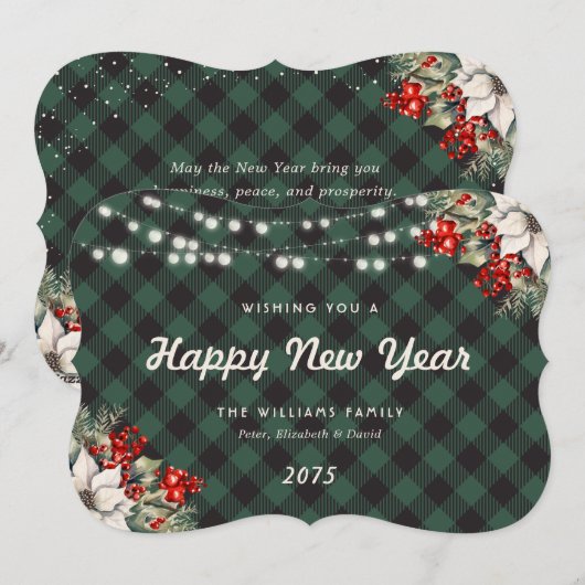 Green Plaid Botanical String Lights New Year Card シーズンカード (正面/裏面)