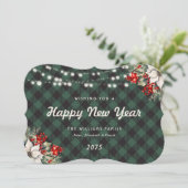 Green Plaid Botanical String Lights New Year Card シーズンカード (スタンド正面)