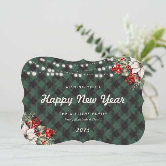 Green Plaid Botanical String Lights New Year Card シーズンカード (スタンド正面)