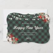 Green Plaid Botanical String Lights New Year Card シーズンカード (正面)