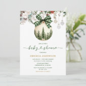Green Plaid Bow Floral Winter Ornament Baby Shower 招待状 (スタンド正面)