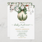 Green Plaid Bow Floral Winter Ornament Baby Shower 招待状 (正面/裏面)