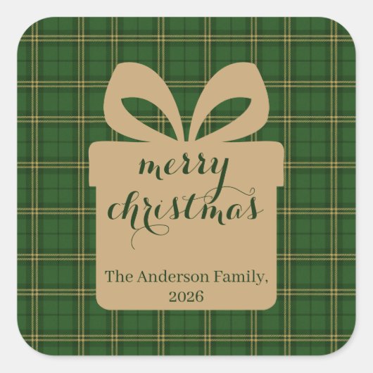 Green Plaid Christmas Festive Pattern - スクエアシール (正面)