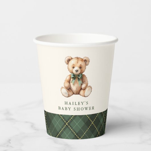 Green Plaid Classic Teddy Bear Baby Shower 紙コップ (裏面)